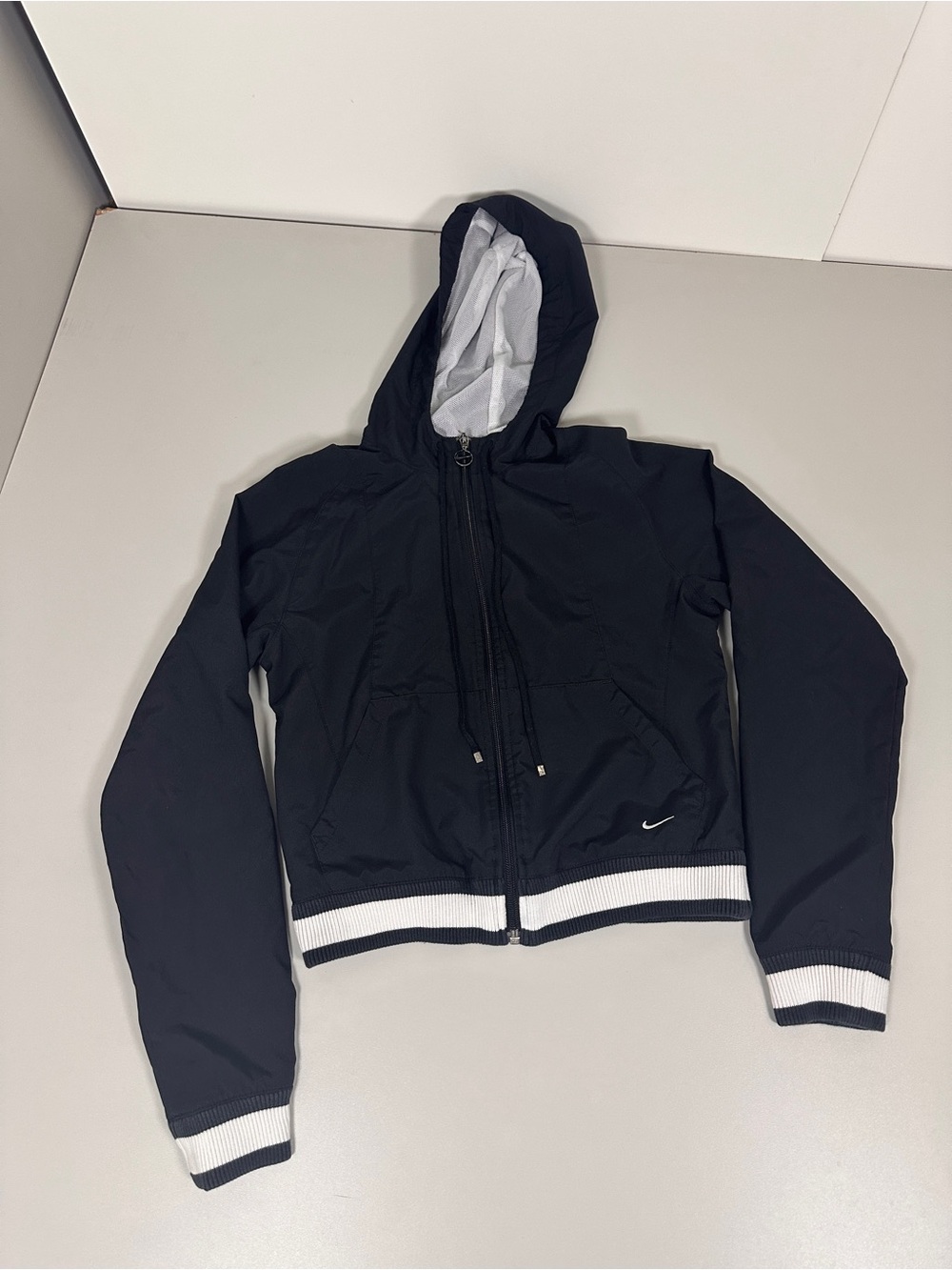 Nike Women's Black Hooded Bomber Jacket with White Trim